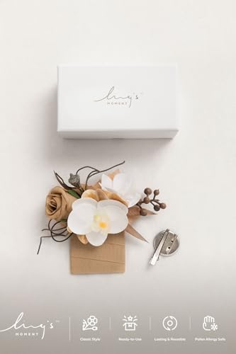 Ling's moment Pocket Boutonniere Single, Boutonniere for Men Groom for Wedding, Prom, Homecoming, Anniversary, Graduation, etc.Tawny Beige White Orchid, 6" W x 5" H - color: Brn-tawny Beige & White Orchid, size: 6" W x 5" H
