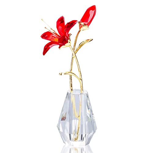 YWHL Crystal Lily Flower Figurine with Vase, Handmade Red Lily Flower Gifts for Woman, Wedding Gifts for Couple, Home Party Decorations - color: Red