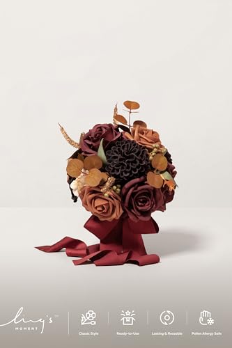 Ling's moment Burgundy & Burnt Orange Artificial Wedding Flower Bouquets for Bridesmaids Red Floral Bouquet Bridesmaid Bouquets with Ribbon Ceremony Anniversary,7-inch Diameter - color: Rd-burgundy & Burnt Orange