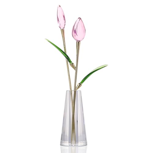LONGWIN Crystal Tulips Flower Figurine Collectible with Vase Glass Spring Bouquet Flowers with Stem Home Decor Gift for Women Mom - color: Long - Pink