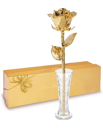 Forever Rose 24K Gold Dipped Real Rose – Handmade, Long-Lasting Preserved Flower in Glass Vase & Gold Box, Romantic Gift for Anniversary, Valentine's, Mother's Day, Birthday, Wedding, Wife, Girlfriend - color: Vase Combo