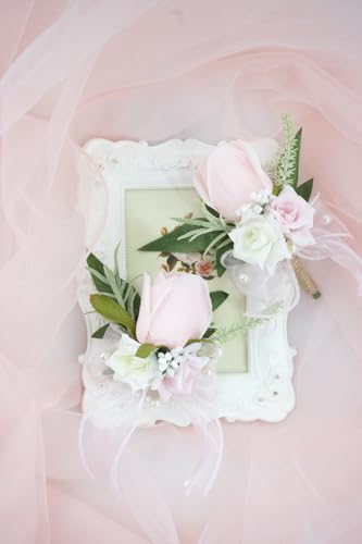 Pink Corsage and Boutonniere Set for Wedding Prom, Artificial Rose Flower Homecoming Corsage Wristlet, Boutonniere for Men Wedding Suit Decor - color: Pink