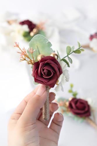 Boutonniere for Men Wedding, Groom Groomsman Artificial Rose Flowers for Wedding Anniversary Celebration,Prom,Party,Home Decoration Set of 2 (Burgundy) - color: Burgundy