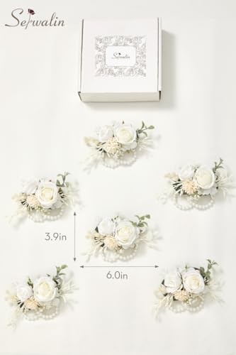 Serwalin 6 PCS White Wrist Corsage for Wedding, Corsages Wristlet for Bridesmaid Mother Grandmother Girl, Artificial Flowers for Prom Ceremony Homecoming Anniversary - color: A White, size: Corsage 6pcs