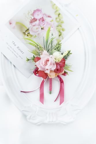 2 Pcs Wrist Corsage and Boutonniere Set, Hot Pink Corsage for Wedding, Boutonniere for Men Artificial Rose Flower Wristlet Bracelet Prom Ceremony Anniversary Accessories Decor Suit - color: Hot Pink