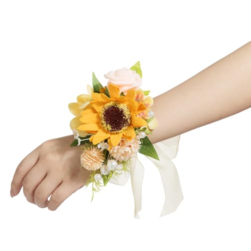 Ling's moment 2pcs Prom Wrist/Shoulder Corsage Artificial Flower, Girl/Mother Homecoming/Wedding Corsage Wristlet Décor, etc. Sunflower Yellow - color: Sun-sunflower & Yellow