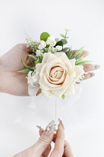 Champagne Corsage and Boutonniere Set, Corsage Wristlet for Women and Boutonniere for Wedding Prom Homecoming, Artificial Rose Flowers Boutonniere and Wrist Corsage - color: Champagne