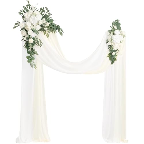 Ling's moment Artificial Wedding Arch Flowers Kit Pack of 4, 2pcs Hanging Silk Flowers Arrangement 2pcs Chiffon Drapes Ceremony Spring Fake Rose Arbor Backdrop White Sage Floral Party Outdoor Decor - color: Wht-white & Sage