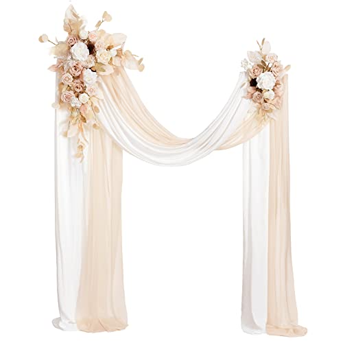 Ling's moment Spring Wedding Arch Flowers Kit Pack of 4, 2pcs Hanging Flower Arrangement 2pcs Chiffon Drapes Ceremony Fake Rose Arbor Backdrop Artificial Floral Outdoor Decorations, White Beige - color: Wht-white & Beige & Gold