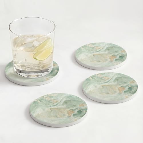 Set of 6 Sage Green Marble Coasters with Holder,Absorbent Ceramic Coasters for Drinks, Coasters with Cork Backing for Table Protection, Housewarming Gifts for New Home - color: Sage Green