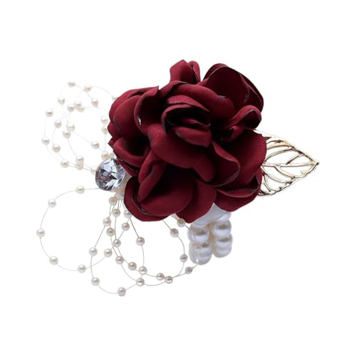 Bridesmaid Wrist Corsage Bridal Silk Wrist Flower with Faux Pearl Bead Stretch Bracelet Wristband Gold Leaf for Wedding Prom Hand Flowers Decor - color: Wine Red, size: Pack of 1