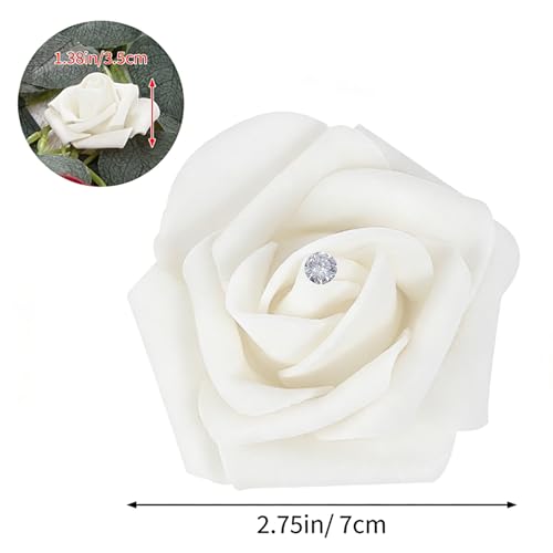 100Pcs Real Looking White with Diamonds Artificial Rose Flower Heads, Foam Fake Roses for DIY Wedding Decorations Baby Shower Centerpieces Home Party Valentine's Day Mother's Day Decor - color: 100pcs White With Diamonds