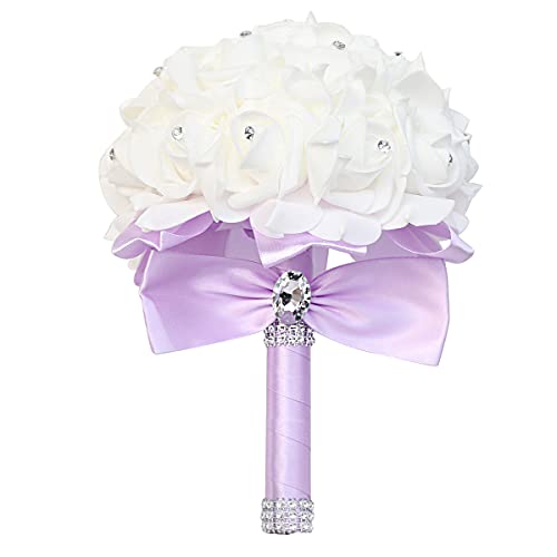 Yoanshop Wedding Bouquets for Brides or Bridesmaids Crystal Silk Roses Bridal Bridesmaid Wedding Hand Bouquet Artificial Fake Flowers (Light Purple) - color: Light Purple