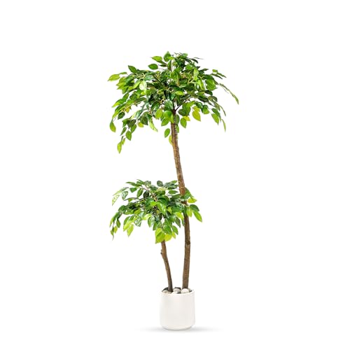 4FT Artificial Ficus Tree with White Planter and Pebbles,Faux Silk Tree with Lifelike Leaves and Realistic Trunk,Tall Fake Potted Plant for Home and Office Décor Indoor and Outdoor (4FT) - size: 4ft