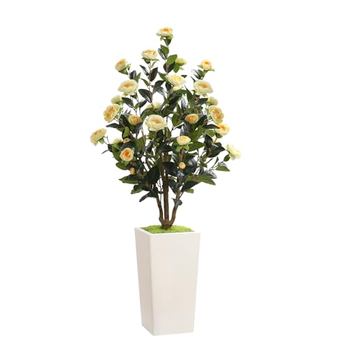 Romantic Season 4FT Artificial Camellia Tree with White Tall Planter, Yellow Faux Camellia Plant Flower Tree for Modern Home Office Living Room Floor Décor Outdoor Indoor，Yellow - color: Yellow