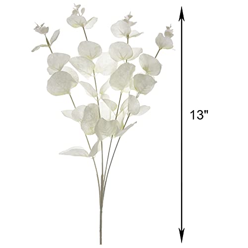Tinsow 5 Pcs Artificial Eucalyptus Branches Real Touch Leaf Stem White Faux Eucalyptuses Wedding Bouquet Centerpiece Christmas Home Decor (White and Beige Mix, 5) - color: White