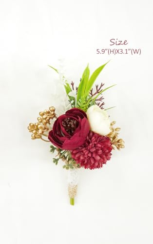 Ansofi Burgundy Wine Red Corsage and Boutonniere Set Artificial Rose Flower Wrist Corsage and Boutineers for Groom Groomsmen Bride Bridesmaids Prom Rustic Vintage Wedding Decor - color: Burgundy Wine Red