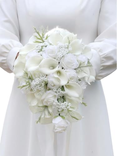 10.2 Inch Cascading Bride Bouquet for Wedding Cascade Artificial White Rose and Calla Lily Flower Waterfall Bridal Wedding Bouquet Rustic Bridal Shower - color: White Rose, Calla Lily & Gypsophila
