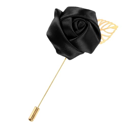 M METERXITY 1-Pack Flower Lapel Pins for Men, Golden Leaf Rose Boutonnieres Pin Groom Boutonnieres for Wedding/Dance/Party, Men Lapel Pins for Suits Satin Flower Corsage [Black] - color: Black