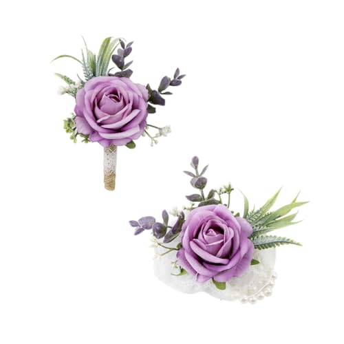 Ansofi Purple Corsage and Boutonniere Set Artificial Rose Flower Wrist Corsage and Boutineers for Groom Groomsmen Bride Bridesmaids Prom Rustic Vintage Wedding Decor - color: Purple