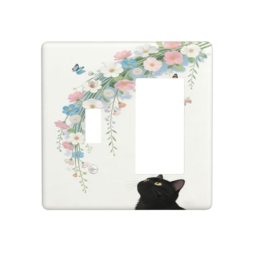 Decorative Art Light Switch Covers Black Cat Hanging Blooms 2 Gang Single Toggle Rocker Combination Electrical Faceplate Switchplate Wall Plate for Home Decor - color: Black Cat Hanging Blooms, size: 2 Gang 1-GFCI 1-Toggle Comb/4.5 x 4.5 IN