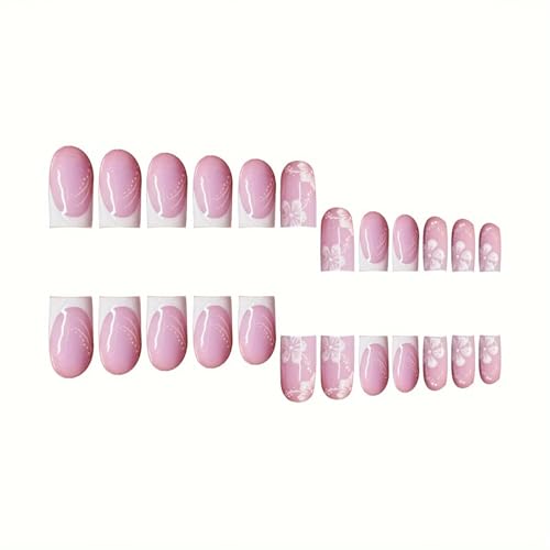 Flower MIXFOSAHN Press on Nails Medium Square Fake Nails Nude White False Nails with Elegant Designs Flowers Glossy Full Cover Stick on Nails Glue on Nails Spring Acrylic Nails for Women Girls 24 Pcs - color: Flower Square11