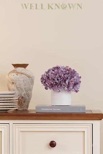 Hydrangea Fake Flowers in Vase, Artificial Flowers with Ceramic Vase Small Faux Potted Floral Arrangements for Bathroom Home Desk Kitchen Counter Vanity Shelf Coffee Table Centerpiece Decor (Purple) - color: Hydrangea, Purple