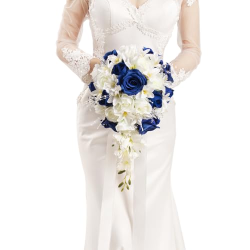 Bridal Bouquet Cascading, Royal Blue & Ivory Wedding Bouquets for Bride Bridesmaid 10" Artificial Flowers Bouquet for Wedding Decor - color: Royal Blue & Ivory