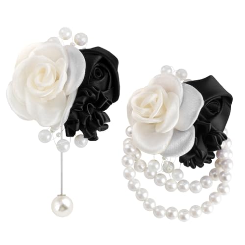 Wedding Prom Party Satin Rose Wrist Corsage Flower, 2Pcs Boutonniere and Wrist Corsage Wristband Roses Prom Flower Wedding Flowers Accessories Prom Suit Decorations (Black) - color: Black