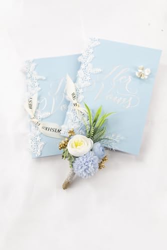 Ansofi Light Blue Corsage and Boutonniere Set Artificial Rose Flower Wrist Corsage and Boutineers for Groom Groomsmen Bride Bridesmaids Prom Rustic Vintage Wedding Decor - color: Light Blue