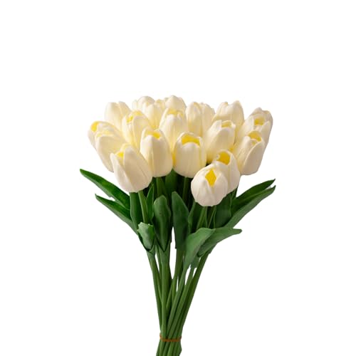 20PCS Artificial Tulip Flowers - 13.7" Real Touch Fake PU Tulips Bouquet Faux Spring Flowers for Office Table,Bedroom,Kitchen Home Mothers Day Easter Decoration (Milky White)