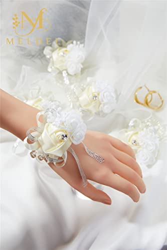 2pcs Beige-White Wedding Wrist Corsages Faux Silk Rose for Women | with Pearls for Brides, Bridesmaids, the Mother of the Bride, Prom, Homecoming, and Evening Party - color: 2pcs Beige Wrist Corsages