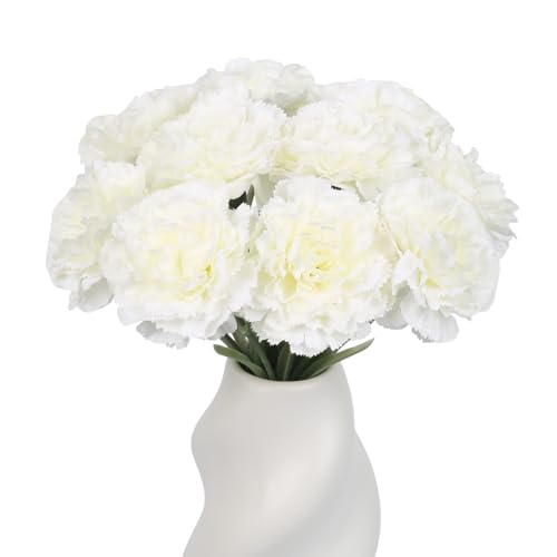 White Carnations Artificial Flowers 10Pcs Large Carnations Heads Lush Silk Flowers Bouquet with Stems for Wedding Bouquets Bridal Home Table Centerpieces(White) - color: Ivory