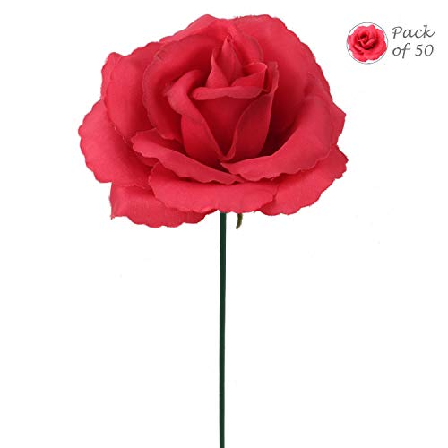 Larksilk Roses Silk Flowers, Real Touch Bulk 50 Pack | Real-touch silk roses, bulk faux rose heads with stems; artificial flowers for wedding, bridal bouquet & centerpiece - color: Beauty