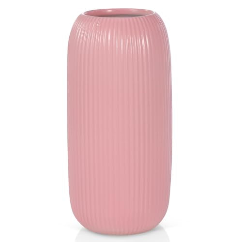 Ceramic Vase for Flowers – Modern Small Ribbed Textured Flower Vase for Home Decor, Pampas Grass, Decorative, Farmhouse, Coffee Table, Kitchen Centerpieces, Bookshelf and Home Living (Pink) - color: Pink