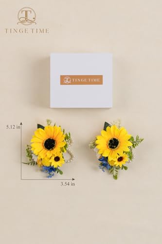 TINGE TIME Set of 2 Wrist Corsage Bracelets Pearl Wristlet Band Bridesmaid Bracelet for Wedding Ceremony Bridal Shower Wedding Artificial Flower Prom (Sunflower&RoyalBlue) - color: Sunflower & Royal Blue