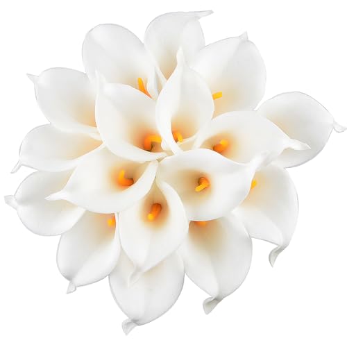 Calla Lily Bridal Wedding Festival Decor Bouquet Real Touch Latex Flower Bouquet Pack of 20 (Yellow-White) - color: White