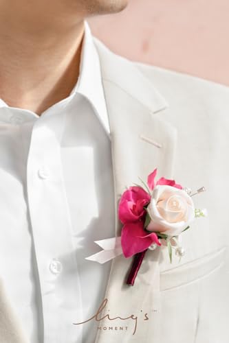 Ling's moment Boutonniere for Men, 6pcs Groom Groomsmen Boutonniere, Artificial Flowers for Wedding Decor/Prom/Homecoming, etc.Blush Hot Pink - color: Pk-blush & Hot Pink