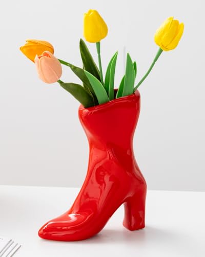 Ceramic Boot Vase for Modern Home Decor,7.9" High Heel Bootie Flower Vase,Quirky Funky Aesthetic Room Decor,Trendy Coffee Table Centerpiece for Women(Red) - color: Red