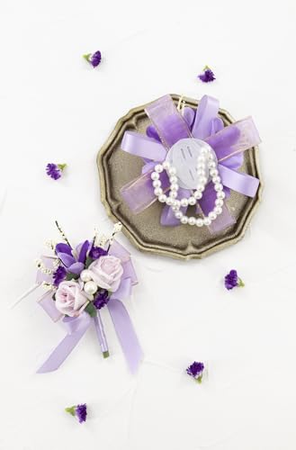 Purple Rose Corsage and Boutonniere Set, Prom Flower Wrist Corsage Wristlet Band Bracelet, Boutonniere for Men Lavender Wedding Flowers Accessories Prom Suit Decorations - color: Purple