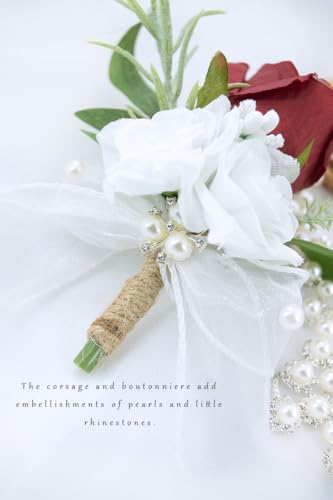 Burgundy Corsage and Boutonniere Set for Wedding Prom, Artificial Rose Flower Homecoming Corsage Wristlet, Boutonniere for Men Wedding Suit Decor - color: Burgundy