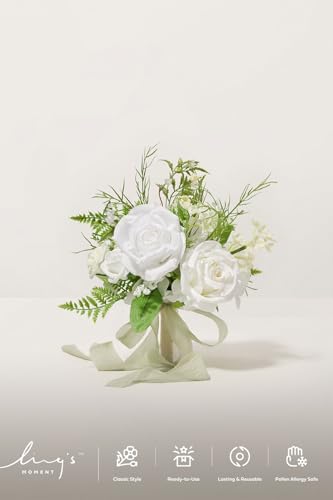 Ling's moment Wedding Artificial Flowers Package, Bridal Bouquet, Bridesmaid Bouquets, Boutonniere for Men, Rose Petals.Lily Valley White - color: Wht-lily Valley & White