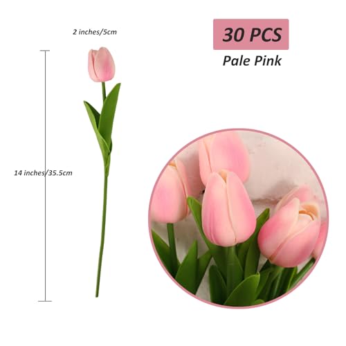 30pcs Tulips Artificial Flowers, Real Touch Fake Flowers Home Decor, Faux Tulips Bouquets Arrangements for Spring Easter Mothers Day Wedding Dining Room Table Decoration(Pale Pink) - color: Pale Pink