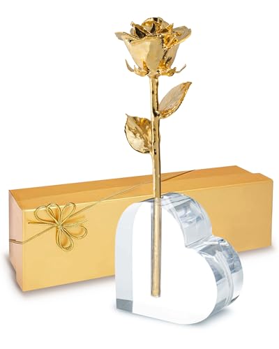 Forever Rose 24K Gold Dipped Real Rose, Handmade, Long-Lasting Preserved Flower in Acrylic Heart (One Rose) & Gold Box, Romantic Gift for Anniversary, Valentine's Day, Birthday, Wife, Girlfriend - color: Acrylic Heart Vase (1 Rose)