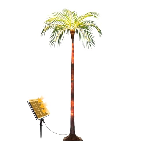 Solar Palm Tree Lights for Patio Outdoor Decoration，4.6FT Artificial Palm Tree with 110 LED Lights for Pool Tiki Bar Garden, Palm Trees with Light Up Plastic TreeTrunk and Rechargeable Remote Control