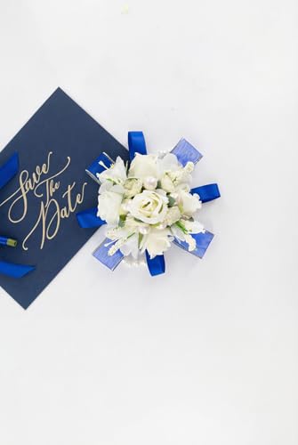 Royal Blue Rose Corsage and Boutonniere Set, Prom Flower Wrist Corsage Wristlet Band Bracelet, Boutonniere for Men White Wedding Flowers Accessories Prom Suit Decorations - color: Royal Blue