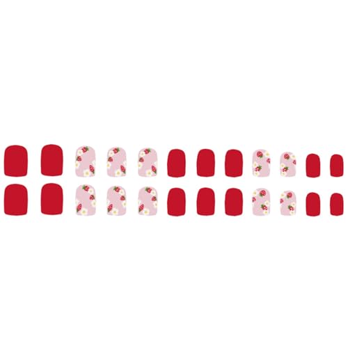 Flower Press on Nails Short Square Fake Nails Red False Nails with Cute Flowers Designs Strawberry Full Cover Stick on Nails Glue on Nails Summer Nails Acrylic Nails for Women Girls 24 Pcs - color: Flower Square40