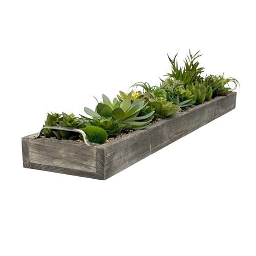 Galt International Faux Assorted Succulent in 31" Wood Tray w/Handles w/Brown Rocks | Grey Wood Tray, Artificial Green Moss, Dining Coffee Table Centerpiece (Updated 2026 Packaging) - color: Brown Rocks