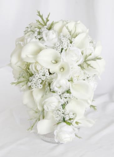 10.2 Inch Cascading Bride Bouquet for Wedding Cascade Artificial White Rose and Calla Lily Flower Waterfall Bridal Wedding Bouquet Rustic Bridal Shower - color: White Rose, Calla Lily & Gypsophila