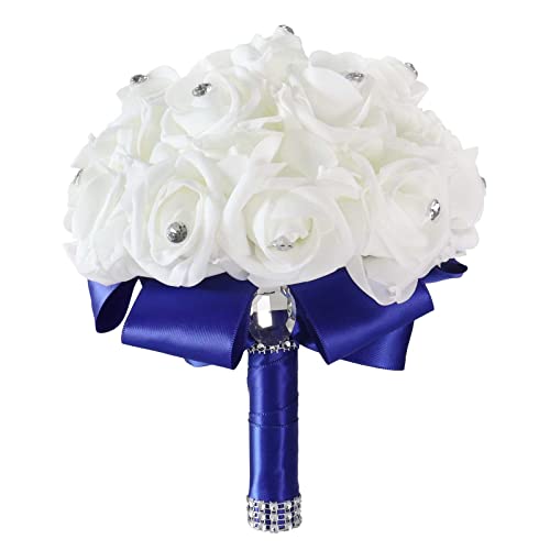 MOJUN Wedding Bouquets Crystal PE Roses Bridal Bridesmaid Wedding Hand Holding Bouquet Artificial Fake Flowers Toss Bouquet, Sapphire - color: Sapphire